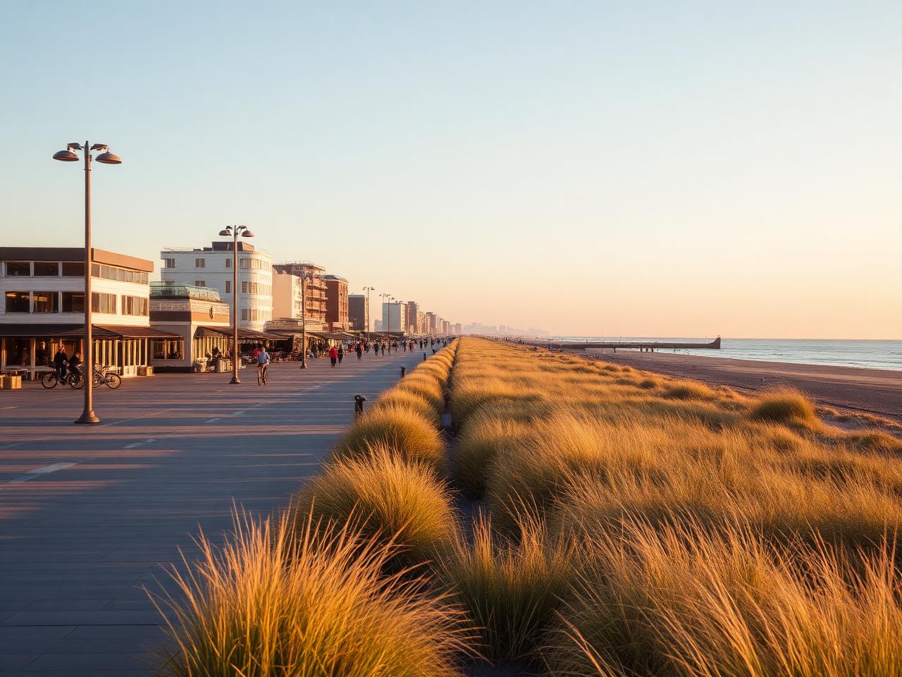 Zandvoort boulevard at first light with empty terraces, soft pastel sky and the long North Sea beach below