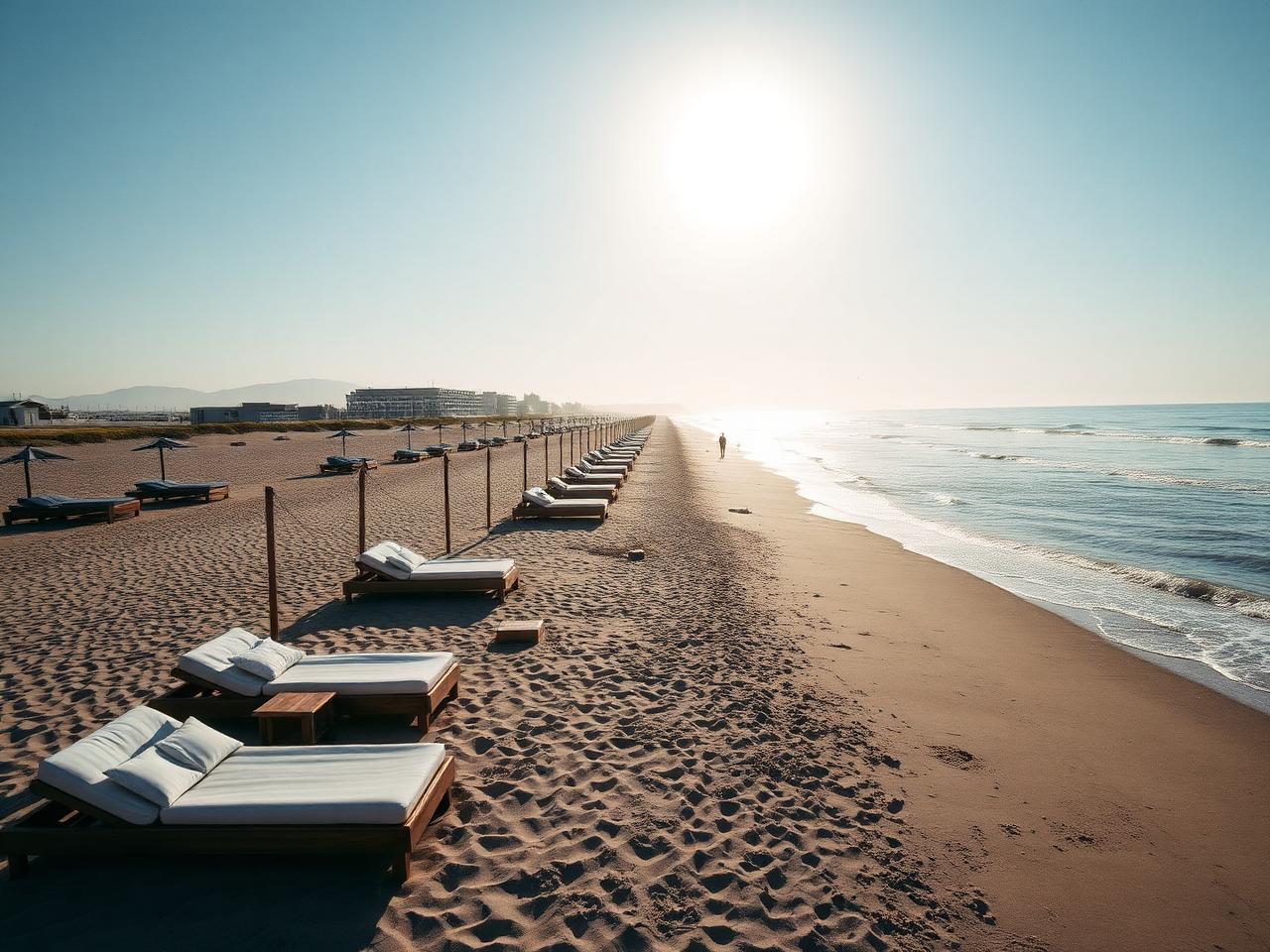Zandvoort South Beach in late afternoon with long open sand, scattered beachclub silhouettes and warm golden light over the North Sea