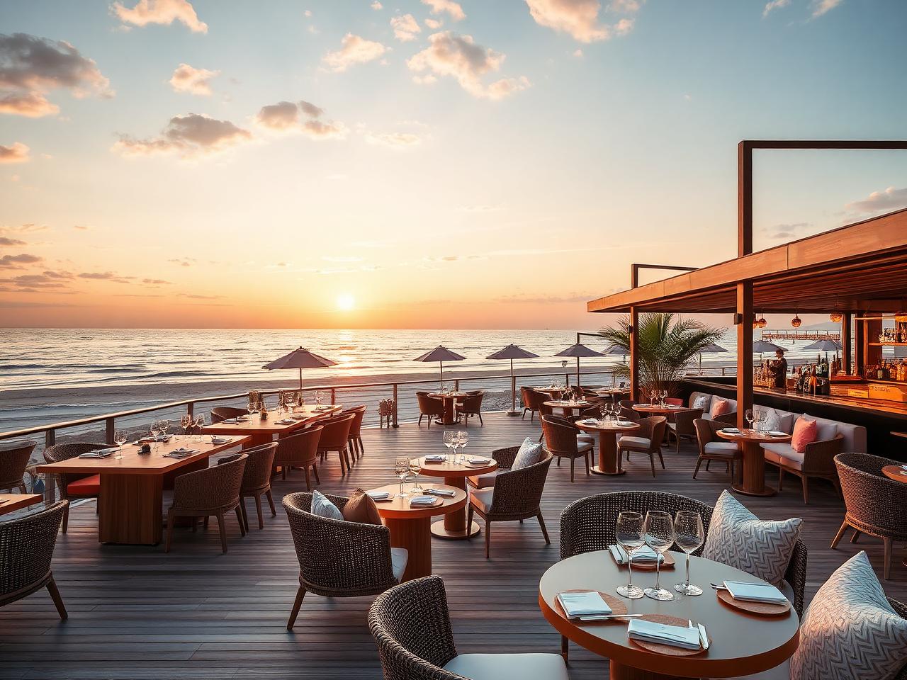 Kaito Beach Zandvoort refined beachfront Japanese restaurant interior with warm wood, soft lighting and a view onto the North Sea at dusk