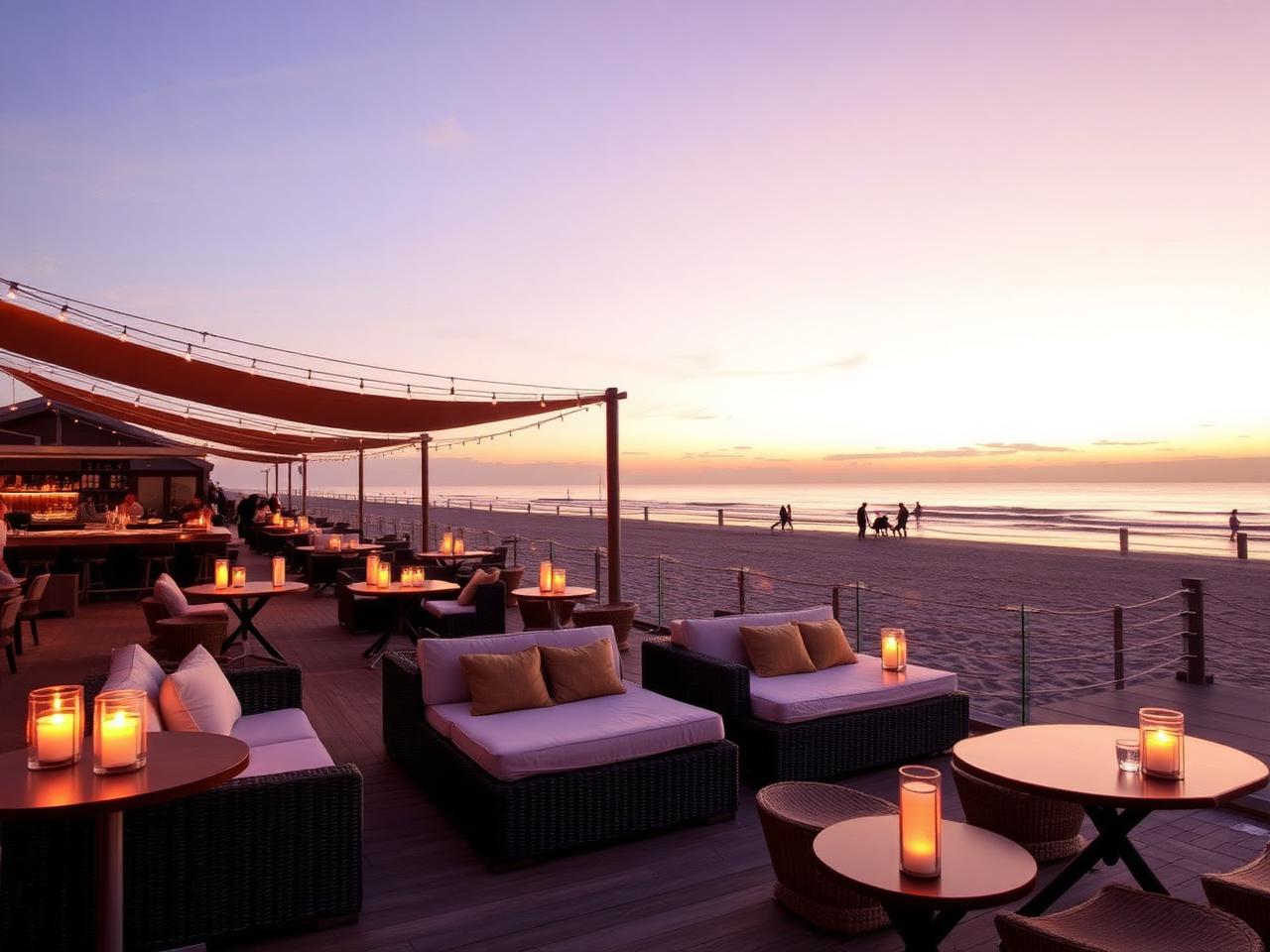 Mango's Beach Bar Zandvoort dance floor on the sand at night with warm string lights, a stylish crowd and a DJ booth by the dunes