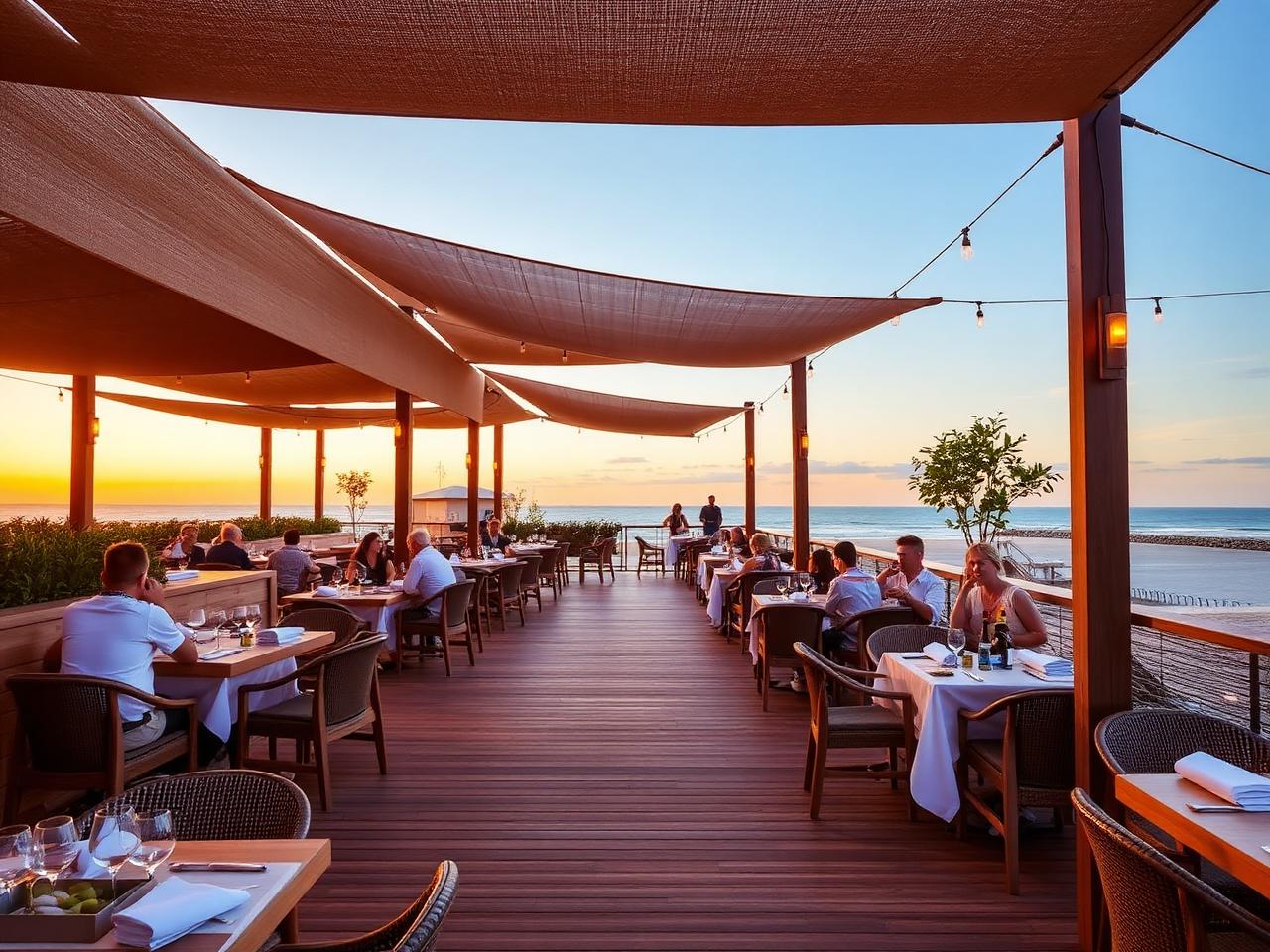 Ohana Beach Zandvoort intimate beachfront lounge at night with palms, warm amber lighting and a relaxed crowd by the dunes