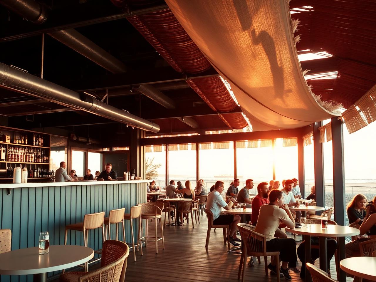 The Spot Beachclub Zandvoort terrace at sunset with white linen tables, candles and a long view across the North Sea