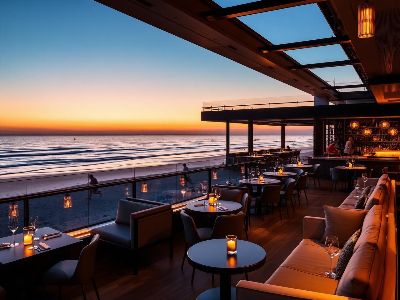 ZIZO Lounge Zandvoort beachfront terrace at golden hour with low sofas, lanterns, cocktails and the North Sea horizon