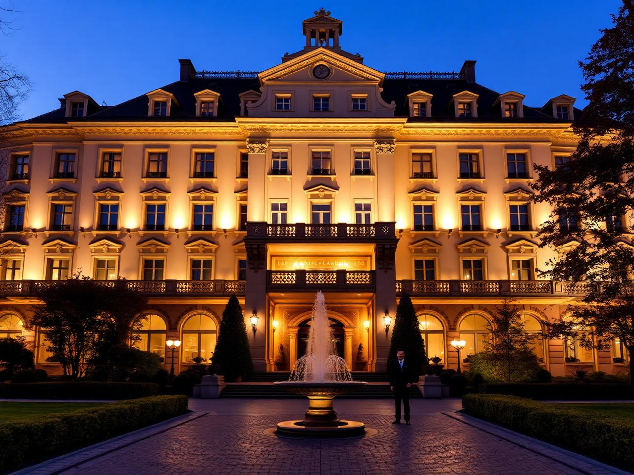 Baur au Lac grand 19th century luxury hotel in Zurich, illuminated stately facade at dusk with private park, fountain and refined doormen at the entrance