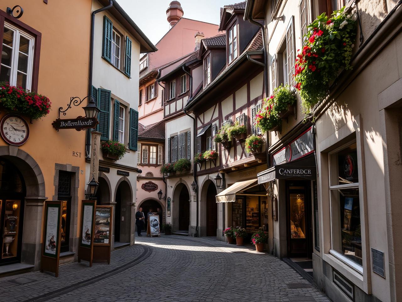 Niederdorf old town Zurich Altstadt with cobbled lanes, medieval guild houses, painted shop signs in soft afternoon light