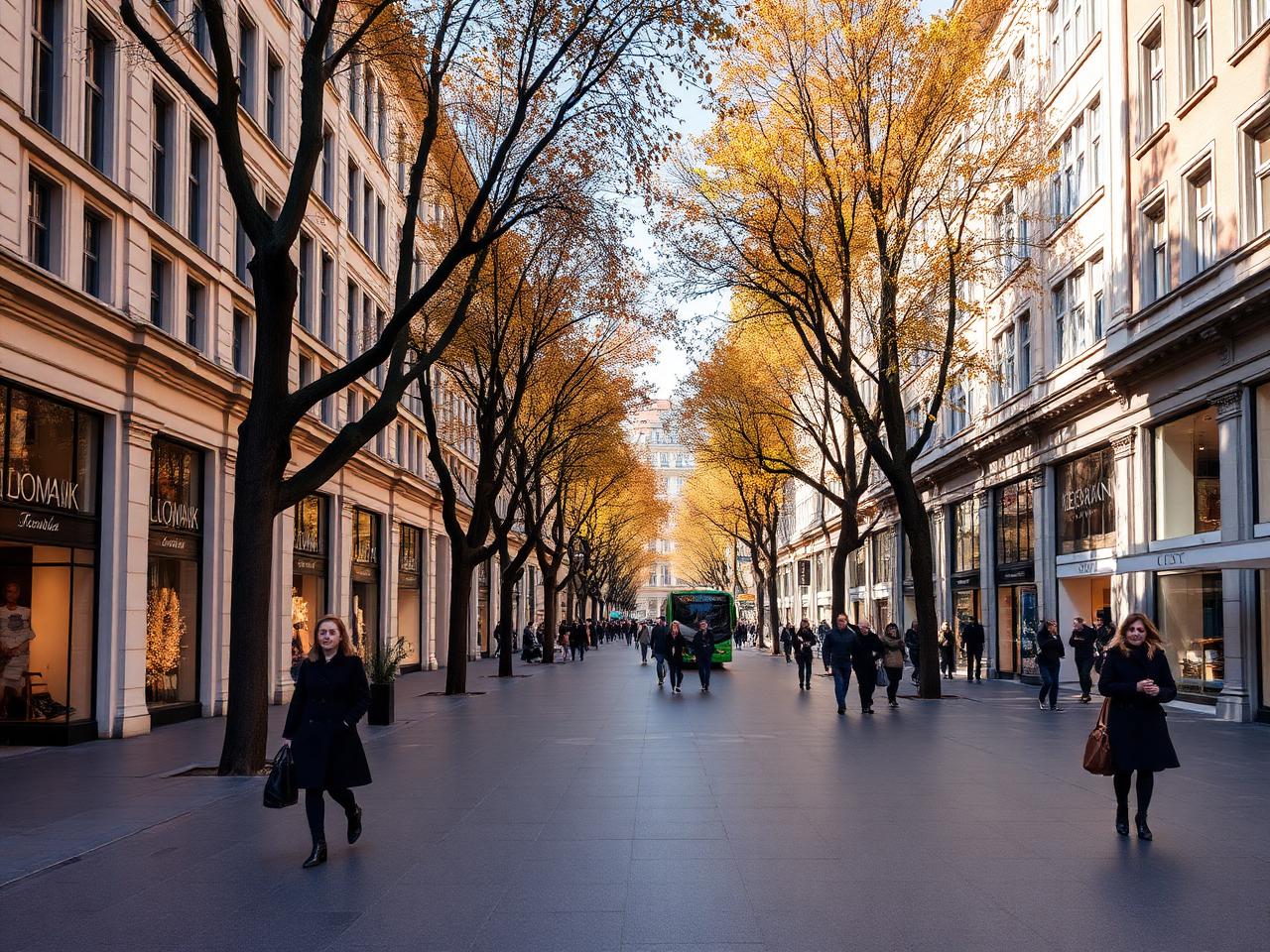 Bahnhofstrasse luxury shopping street in Zurich with refined boutique facades, plane trees, polished granite pavement and elegant pedestrians in autumn afternoon light