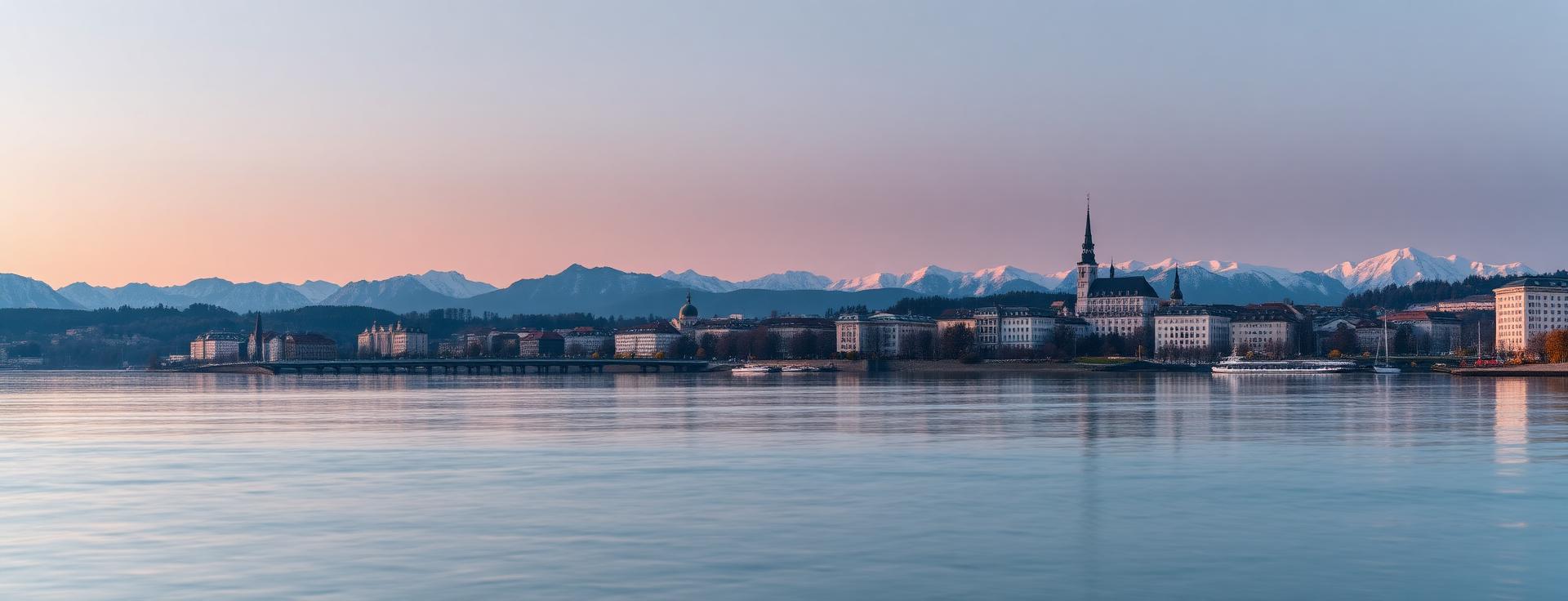 Zurich panorama at first light with Lake Zurich, the Grossmünster cathedral and snow-capped Alps in the distance with soft pastel sunrise reflecting on the calm lake