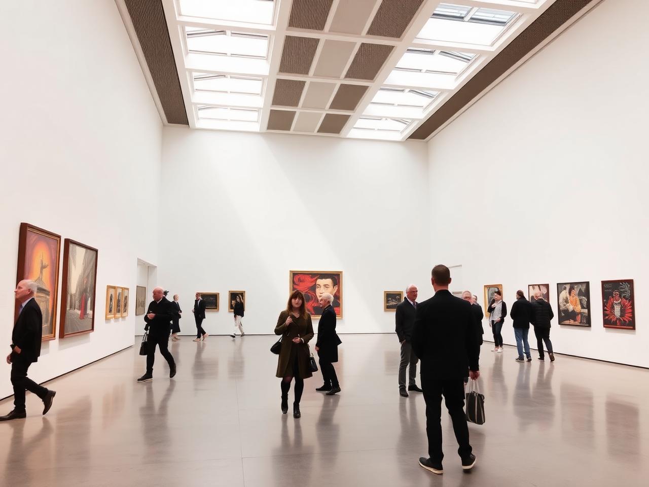 Kunsthaus Zurich art museum interior gallery with high white walls, modern art on display, polished concrete floor and refined visitors in soft daylight from skylights