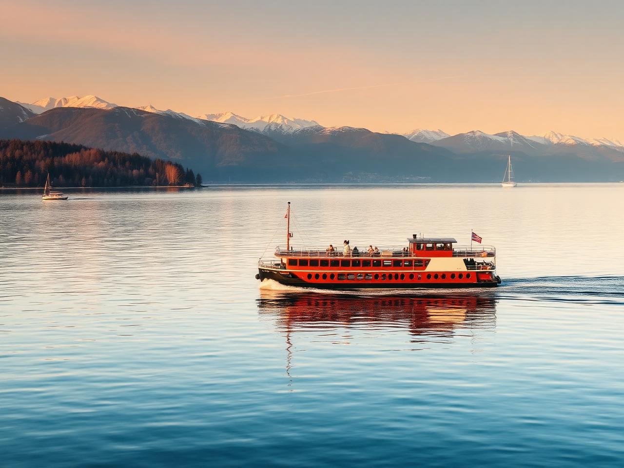 Lake Zurich at golden hour with classic wooden electric lake steamer cruising on calm water, snow-capped Alps in the distance and forested shoreline