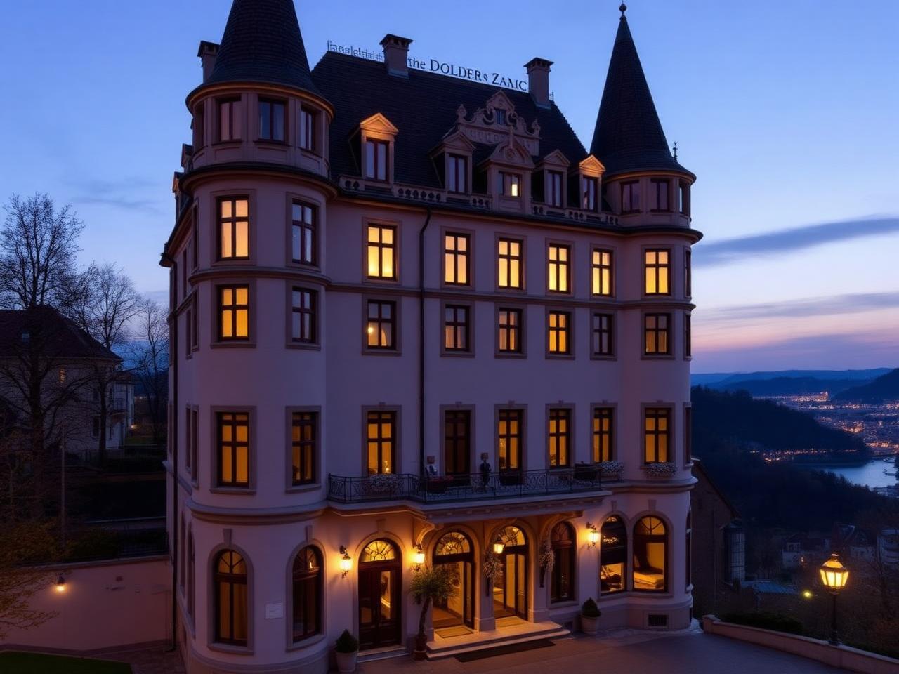 The Dolder Grand Zurich iconic turreted historic luxury hotel facade illuminated at dusk on the Adlisberg hill above Zurich