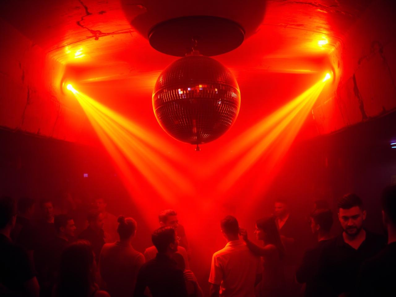 Friedas Buexe Zurich underground basement nightclub interior with warm orange and red lighting, exposed concrete walls, mirrored disco ball and stylish silhouetted crowd