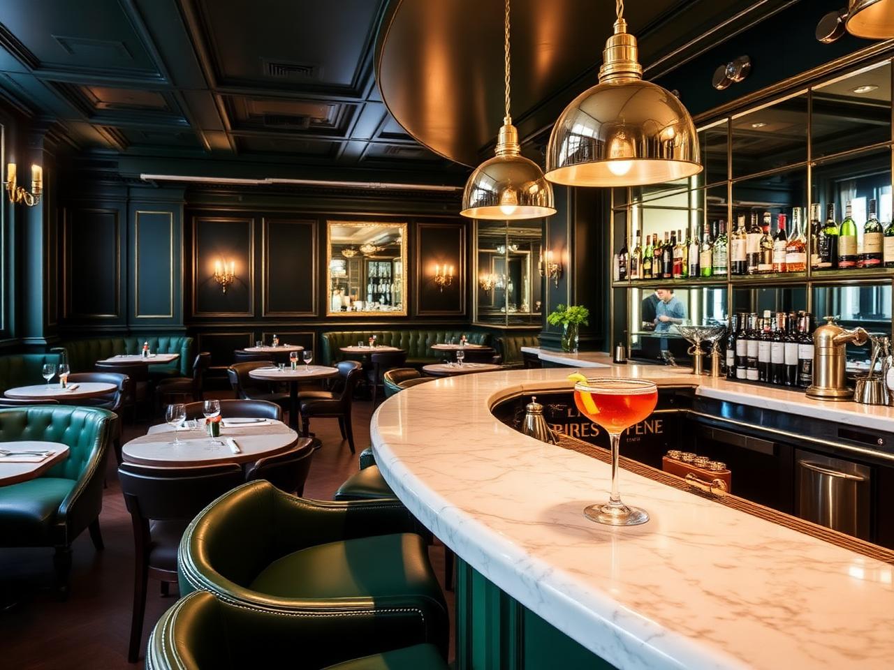 George Bar and Grill Zurich refined modern brasserie interior with green leather banquettes, brass fittings, marble bar, warm pendant lighting and a beautifully made cocktail