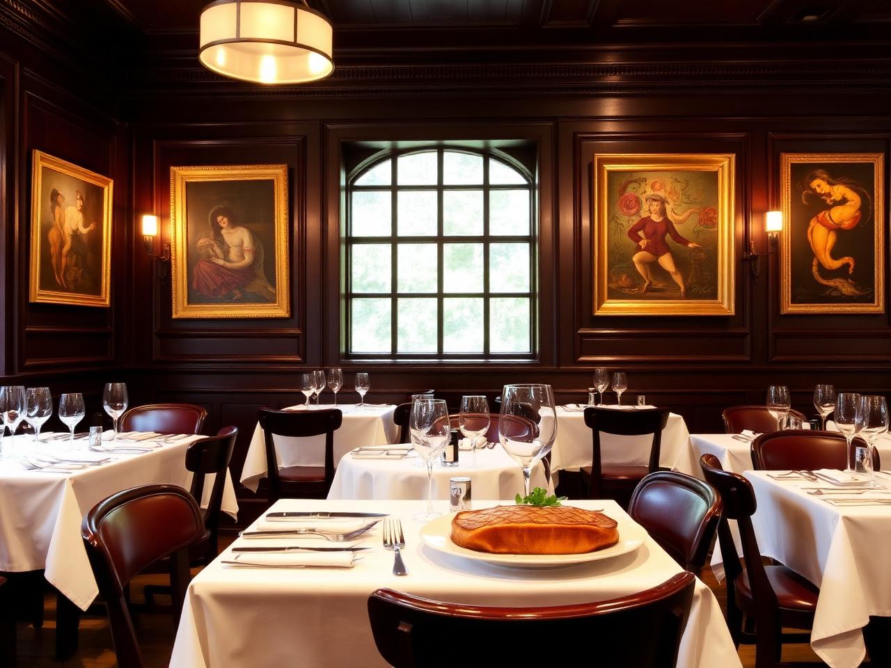 Restaurant Kronenhalle Zurich classic brasserie interior with dark wood panelling, original modern art on the walls, white tablecloths, brass lamps and beautifully served wiener schnitzel