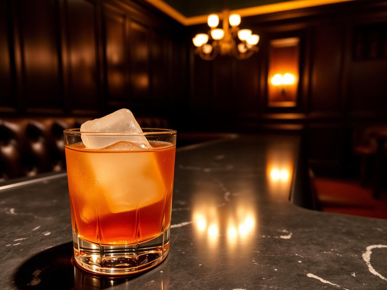 Old Crow speakeasy cocktail bar Zurich with intimate dim warm lighting, dark wood panelling, leather banquettes and a beautifully made old fashioned cocktail